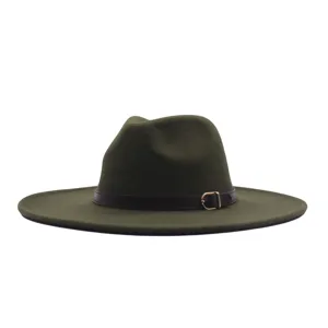 Klassischer Woll-Fedora-Hut mit breiter Krempe, stilvoller grüner Jazz-Hut mit Ledergürtel.