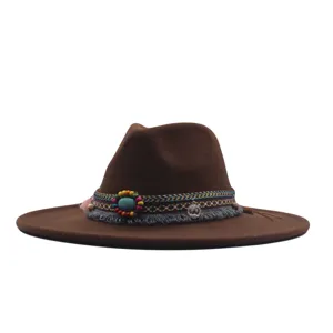 Chapeau fedora en laine a large bord femme vintage boho jazz avec bande ethnique et perles.