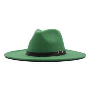 Grüner, breitkrempiger Wollfilz-Fedora-Hut für Damen und Herren, britischer Jazz-Hut.