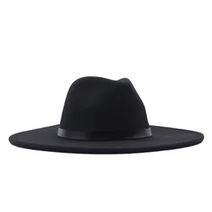 Vue détaillée du chapeau fedora en laine à large bord noir pour hommes femmes automne hiver mode