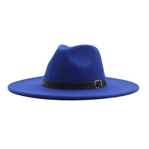 Blauer Wollfilz Fedora Hut mit braunem Ledergürtel und Schnalle, elegante Kappe für Damen Herren.
