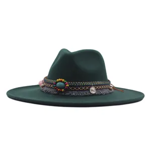 Chapeau fedora en feutre de laine vert foncé avec bande ethnique, large bord, chapeau jazz.