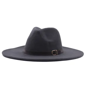 Unisex Breiter Krempe Fedora Hut Grau Wolle Filz Hut mit Ledergürtel und Metallschnalle