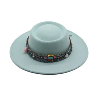 Chapeau Fedora Plat Vert Menthe Bande Ethnique Glands Chapeau en Laine Jazz Femme