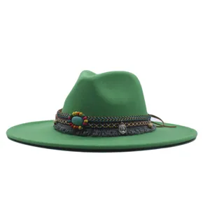 Chapeau fedora en laine vert avec bande tissée bohème et large bord pour un look vintage