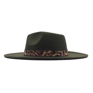 Chapeau Fedora en Laine Femme Large Bords avec Bande Imprimé Léopard Vert Olive