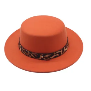 Automne hiver femmes orange chapeau plat laine ceinture leopard mode jazz fedora detail