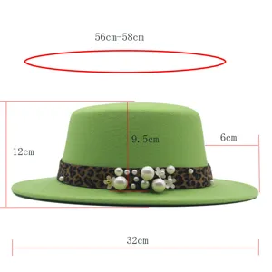 Sombrero fedora verde para otoño invierno, estilo retro con cinta perlas y leopardo.