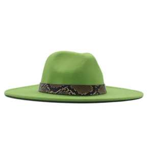 Grüner Breiter Krempe Fedora Hut mit Schlangenhaut Gürtel Stilvoller Filzhut Damen Herren