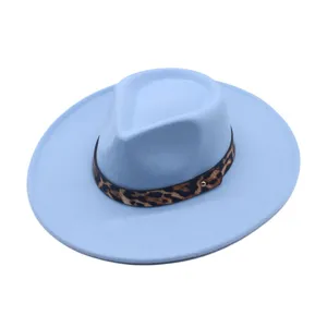 Chapeau Fedora en Feutre de Laine pour Femmes Bord Large Chapeau de Jazz avec Ceinture Léopard Couleur Unie Automne Hiver Panama