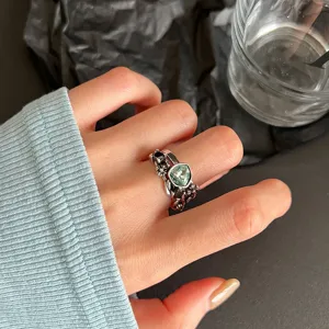Vintage blue zircon open ring for women, trendy hip-hop style fashion statement finger jewelry.
