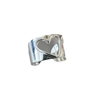 Silver wide band open ring with a hollow heart shape, geometric irregular fashion jewelry.