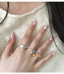 Retro bead open ring set with cute pendant, stylish geometric finger jewelry for daily wear.