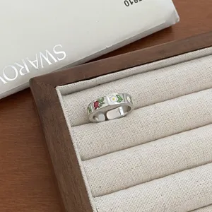 Silver enamel flower strawberry open ring retro cute finger jewelry accessory for women