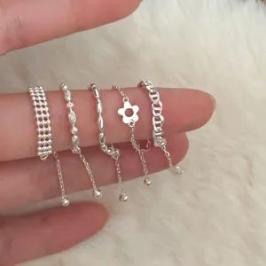 Minimalist Silver Plated Copper Chain Ring For Women Geometric Adjustable Drawstring Tassel Flower Heart Artificial Pearl Rhinestone Stacking Ring Fashion Jewelry