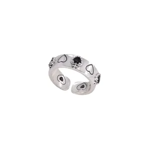 Sweet black heart open ring for women stylish gothic fashion adjustable silver ring main