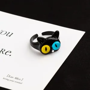 Cute black cat ring with heterochromia eyes, sweet and cool open ring for women and girls.
