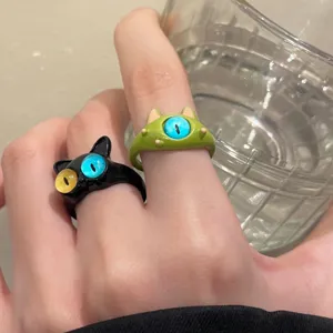 Cute Cartoon Cat And Monster Open Ring Silver Plated Copper Adjustable Fashion Finger Jewelry Gift For Women