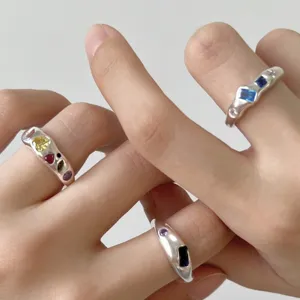 Silberplattierter Kupfer Open Ring Für Damen Bunte Strass Herz Geometrisch Stapelbar Verstellbar Mode Fingerring Schmuck
