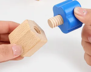 Montessori wooden screw toy detail view showcasing hand-eye coordination training tool for kids.