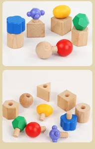 Montessori wooden screw toy detail view, fine motor skills educational toy for kids.