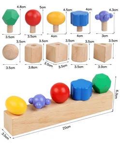 Wooden screw toy details showing various colorful shape nuts and bolts with dimensions.