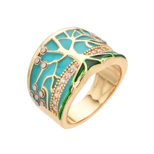 Vintage Tree Flower Ring Eco-friendly Copper Gold Plated Enamel Rhinestone Wide Band Finger Ring Jewelry For Women