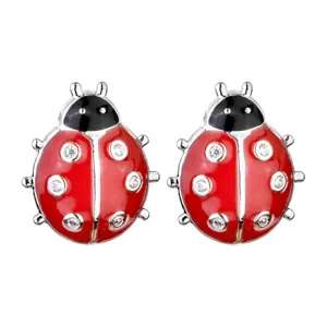Fashion Enamel Ladybug Stud Earrings For Women Cute Copper Insect Rhinestone Earrings With Silver Earring Post Jewelry
