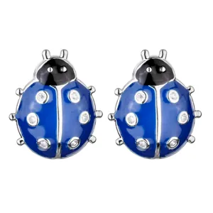 Blue ladybug stud earrings with white cubic zirconia, cute insect jewelry for women.