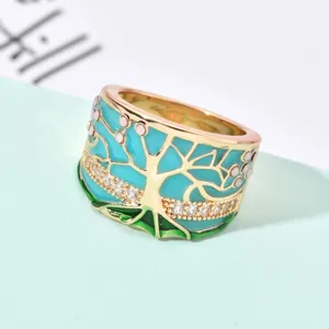 Vintage blue enamel tree ring with sparkling crystals wide statement band for women fashion jewelry