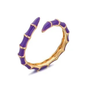 Purple enamel bamboo open ring, minimalist metal adjustable finger ring for fashion jewelry.