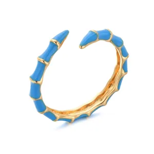 Detailed view of the blue enamel bamboo open ring, stylish and chic fashion jewelry.
