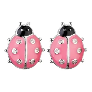 Pink ladybug stud earrings with sparkling cubic zirconia, cute enamel insect jewelry for women.