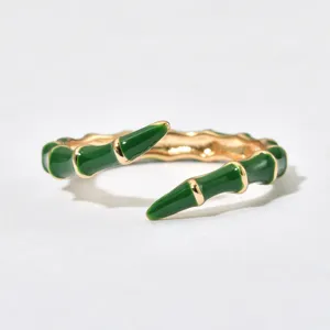 Green enamel bamboo open ring, chic gold plated adjustable finger jewelry for women.