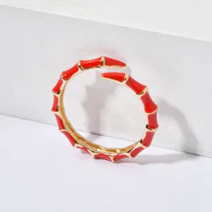Minimalist red enamel bamboo open ring, chic metal adjustable fashion jewelry for women.