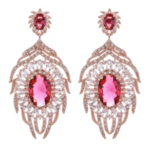 Orecchini pendenti di lusso in oro rosa zircone con pietre ovali rosse eleganti per donna