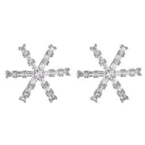 Elegant snowflake stud earrings with sparkling baguette and round cubic zirconia.
