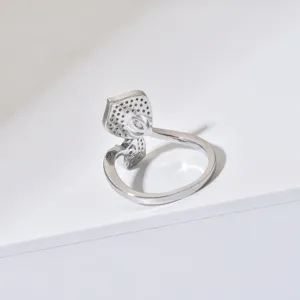Silver open ring with pave zirconia stones and elegant leaf design for women fashion jewelry.