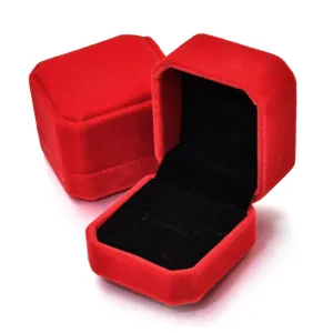 Red velvet hexagonal ring box, elegant double jewelry storage case for wedding party rings.