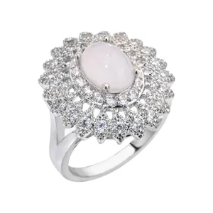 Stupendo anello in argento con pietra rosa ovale e zirconi scintillanti molto elegante.