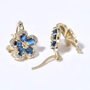 Goldene Tropfen Blumen Ohrringe mit blauen Zirkonia elegante Mode Schmuck für Frauen Party
