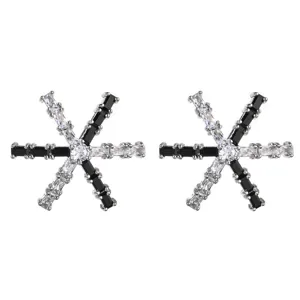 Stunning geometric black and white zircon stud earrings, elegant silver tone fashion jewelry.