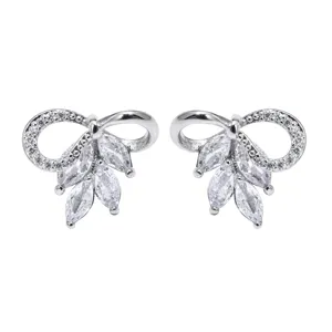 Silberne Weizen Zirkonia Ohrringe fuer Damen, elegante Kristall Schleife Party Schmuck.