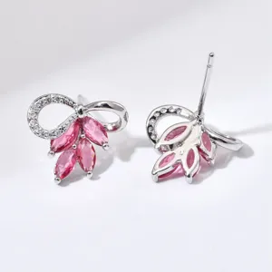Elegante Schleife Zirkonia Ohrstecker mit rosa Zirkon Steinen fuer Damen Party Schmuck.