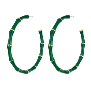 Boucles d'oreilles créoles en bambou vert rétro européenne américaine, bijoux de fête dorés.