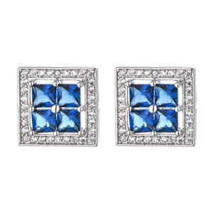 Square cubic Zirconia stud earrings detail view, sparkling blue and white stones close up.