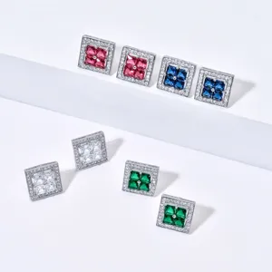 Elegant square cubic zirconia stud earrings with colorful stones for women fashion jewelry.