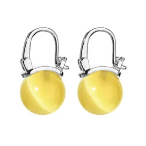 Gelbe Katzenauge Ohrringe mit Klappverschluss, elegante silberne Metall Detailansicht.