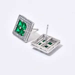 Silver square green zircon stud earrings with sparkling white crystals for women fashion daily wear