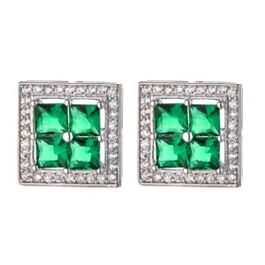 Square green zircon stud earrings with clear crystal halo in silver tone daily jewelry